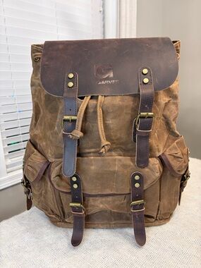 Waxed Canvas/ Leather distressed heavy duty  backpack laptop sleeve front pocket